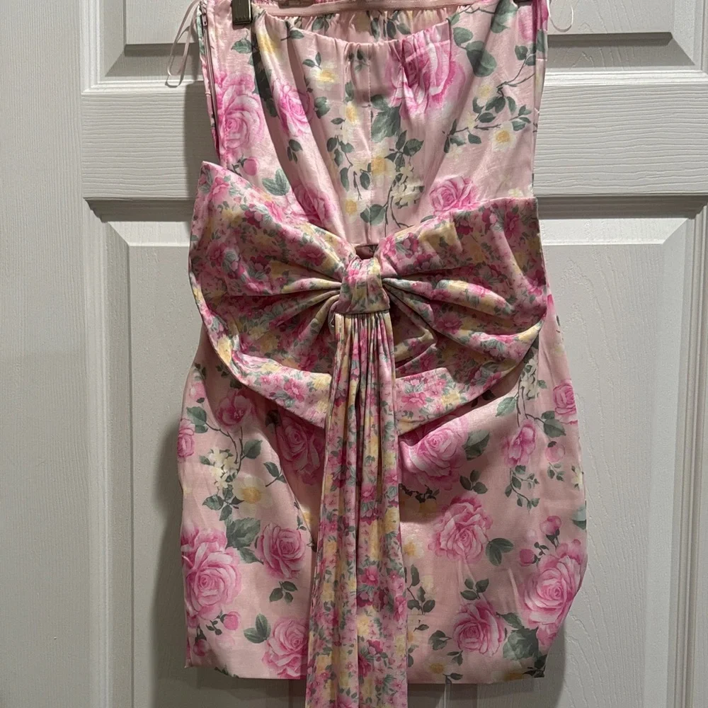 Pink Floral Strapless Ruched Mini Dress - Picture 3 of 8